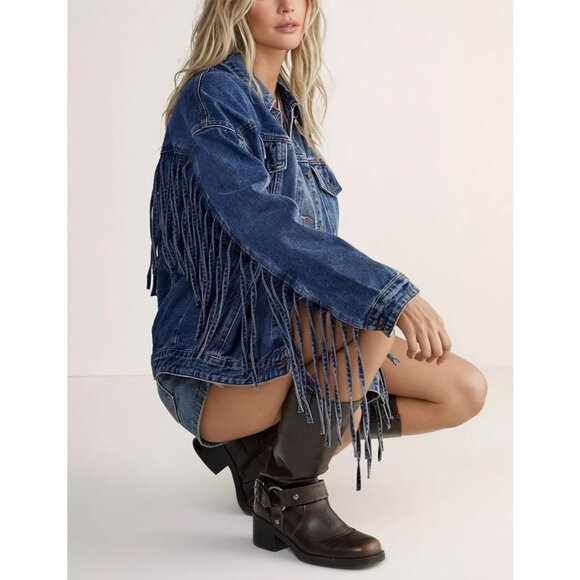 Women's Oversized Fringed Jacket Tassel Jean Jackets Cowgirl Western Denim Blue - Picture 3 of 9